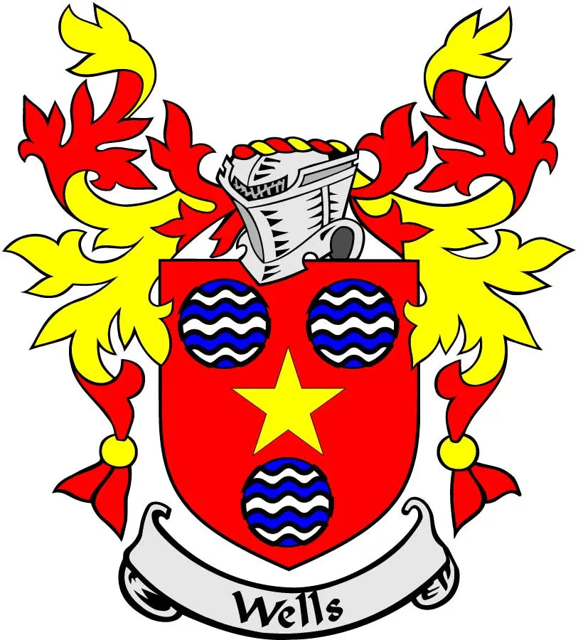 Wells family crest coat arms magnet with red, yellow, and blue heraldic shield