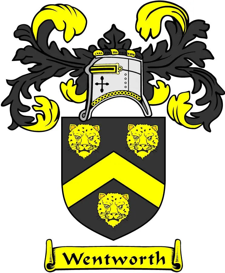Wentworth family crest arms magnet with black-and-yellow shield, crown, and lion faces