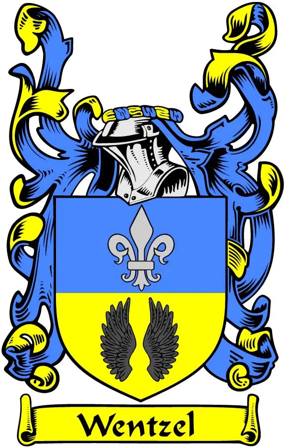 Wentzel coat of arms magnet: blue and yellow shield with fleur-de-lis and 'Wentzel' banner