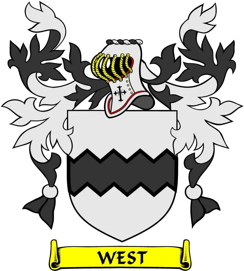 West family crest arms coat of arms magnet with black shield and banner reading WEST