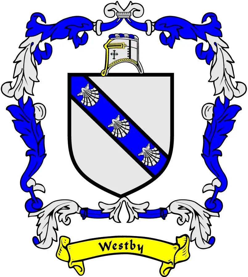 Westby family crest coat arms magnet with blue diagonal shield and yellow banner