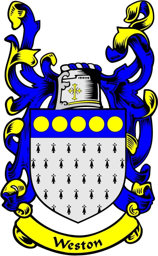 Weston family crest coat arms magnet with blue-and-yellow shield and banner ribbon
