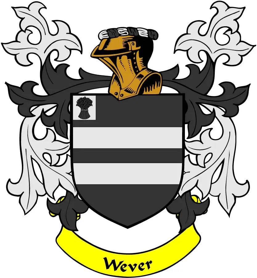 Family crest coat arms magnet with black-and-white shield and Wever ribbon