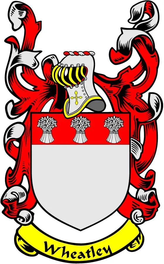 Wheatley family crest magnet: shield with red arms, black accents, white center, yellow scroll