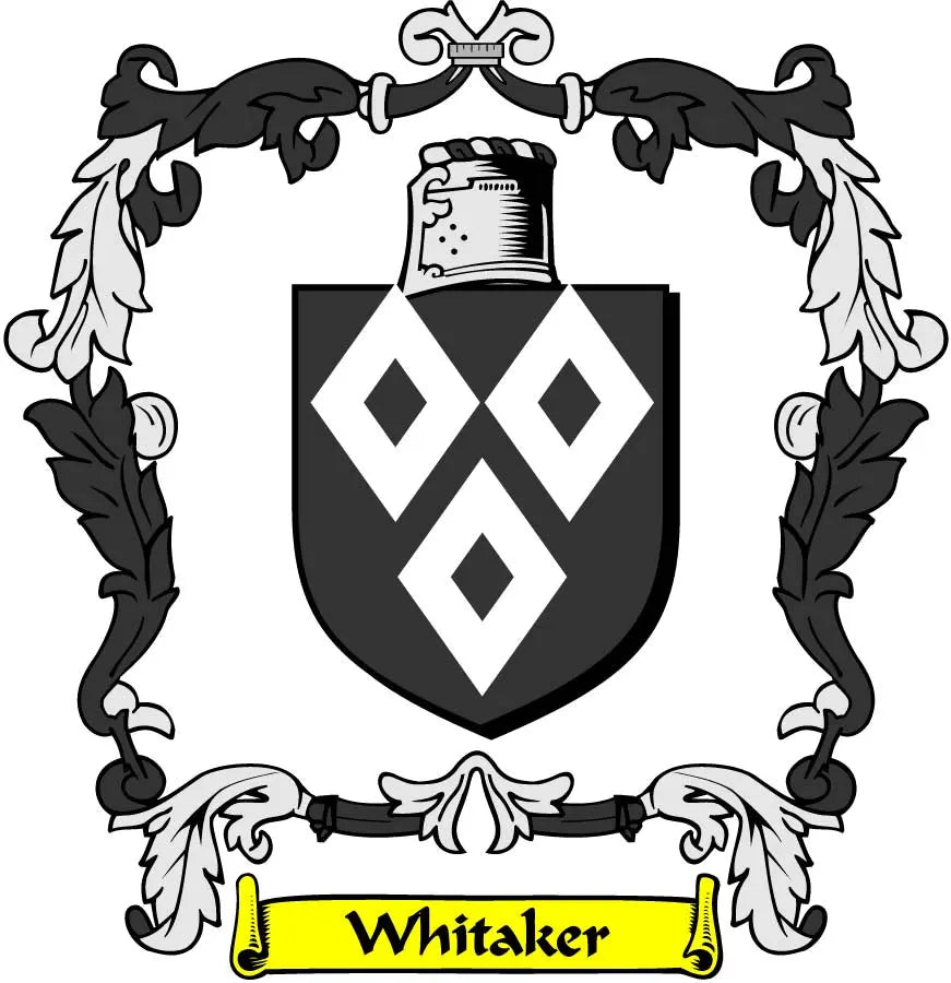 Coat of arms pinback with black-and-white shield and yellow Whitaker banner
