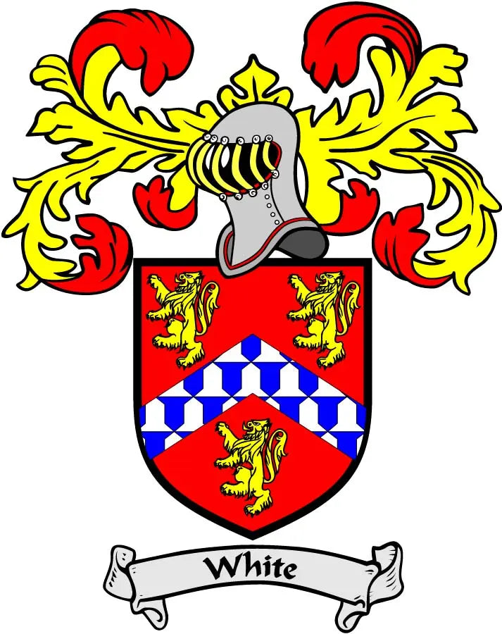 Family crest arms magnet with red shield, lions, blue stripes, and "White" banner