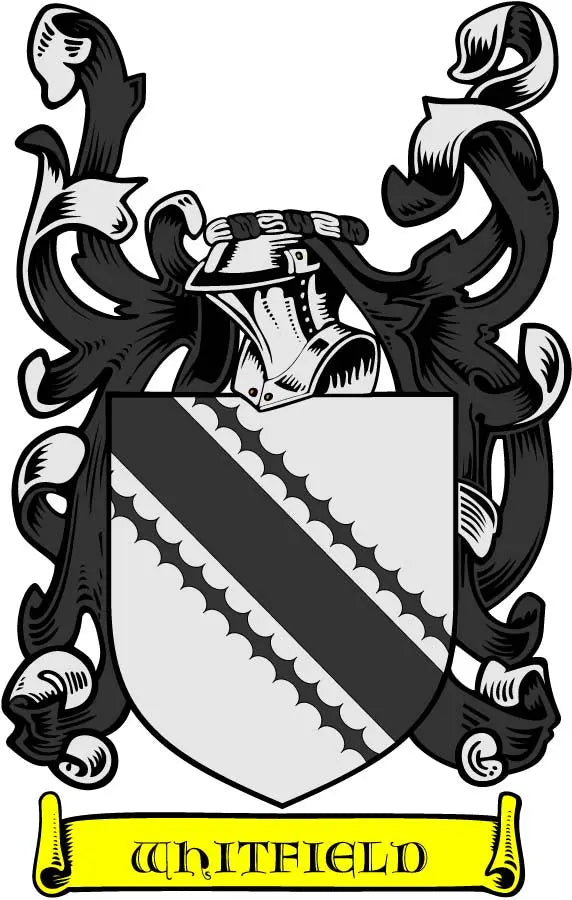 Black and white heraldic coat of arms magnet with WHITFIELD banner at bottom