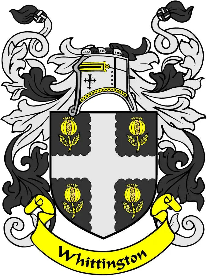 Coat of arms pinback featuring black, white and gold Whittington shield crest