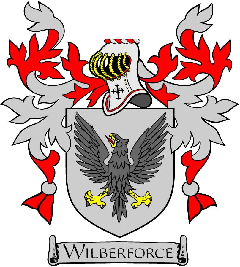 Family crest arms magnet with gray shield, eagle, red flames, and banner