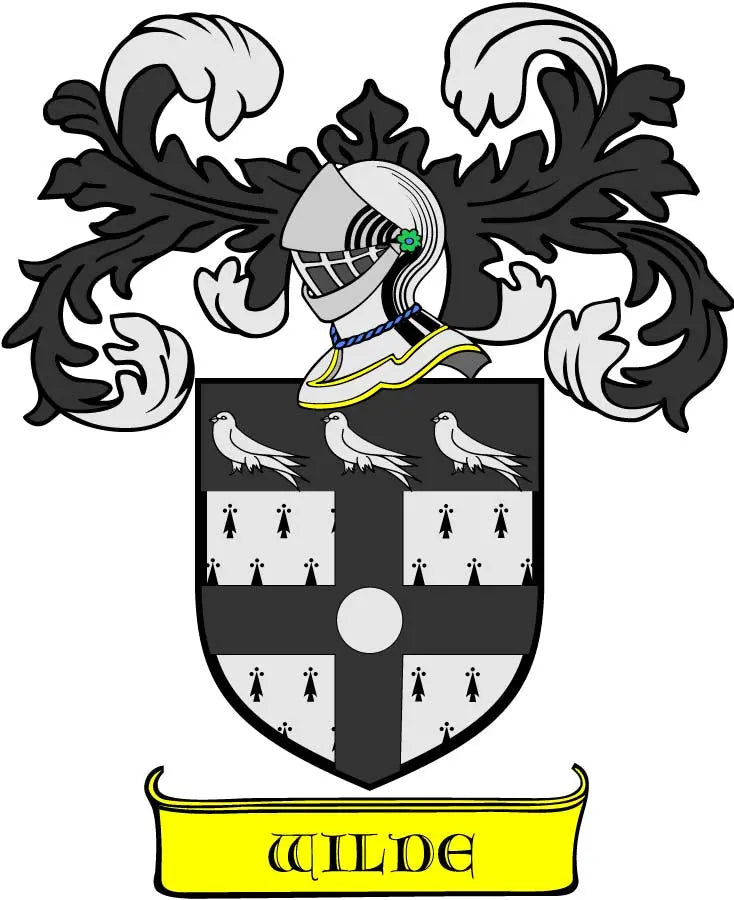 Family crest coat of arms magnet with shield and Wilde banner, round center