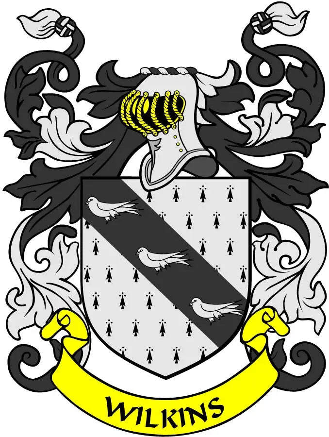Wilkins coat of arms enamel pinback with black, white, and yellow shield and ribbons