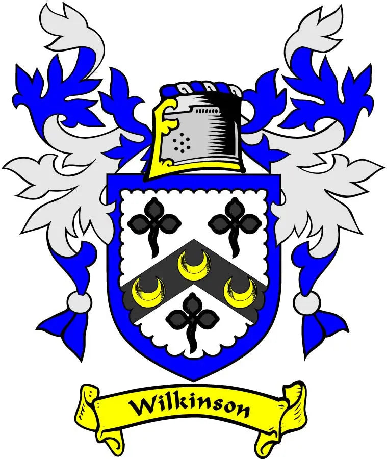 Coat of arms magnet with blue and white shield, yellow Wilkinson banner, crest details