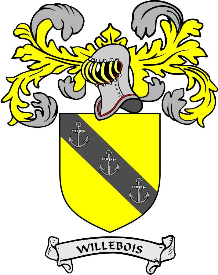 Family crest pinback badge with yellow and black shield, anchors, and Willebois banner