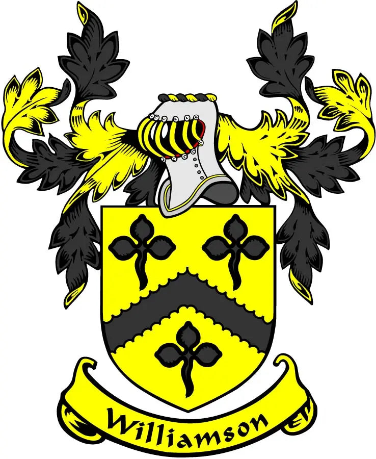 Family crest coat of arms magnet with yellow and black shield, cross emblems, banner