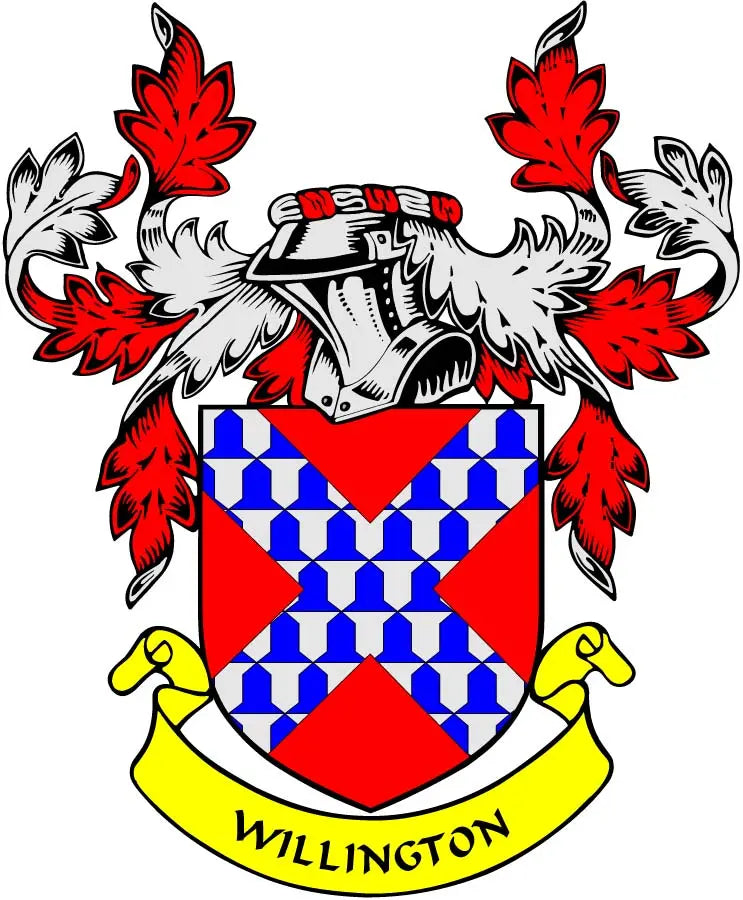 Willington family crest coat of arms pinback with red, blue shield and yellow banner
