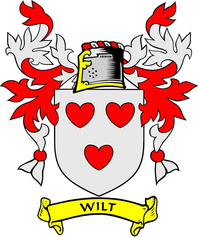 Wilt family crest arms magnet with white shield, red hearts, and gold banner