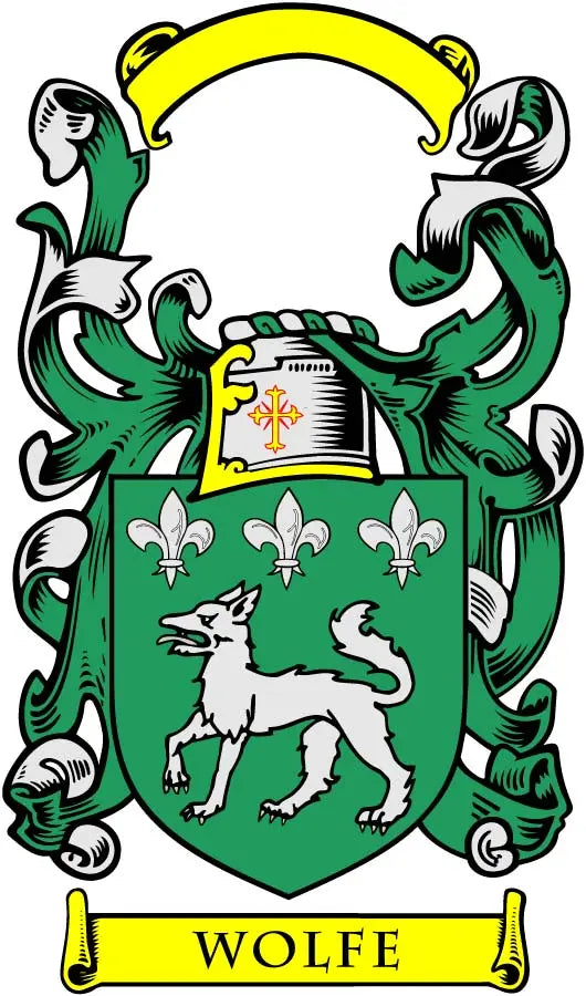 Wolfe family crest coat arms magnet, 3-inch green shield with lion and ribbon