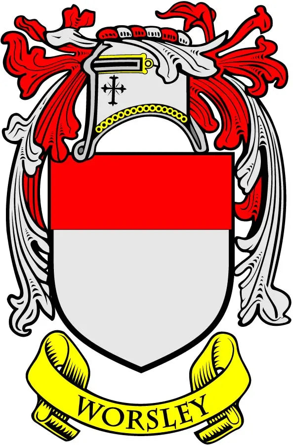 Worsley coat of arms magnet: red and white shield with gold WORSLEY banner, 3-inch
