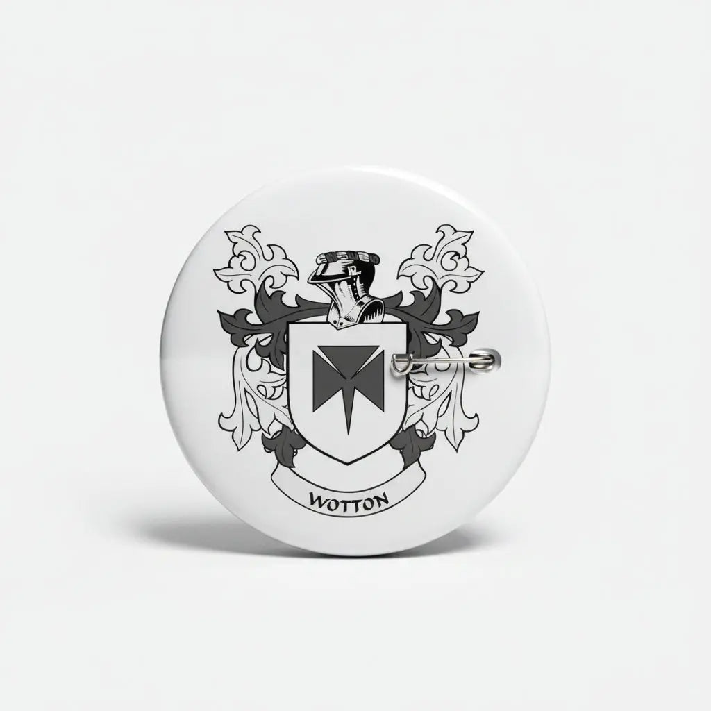 Round Wotton family crest coat-of-arms magnet with shield and ribbon, black on white