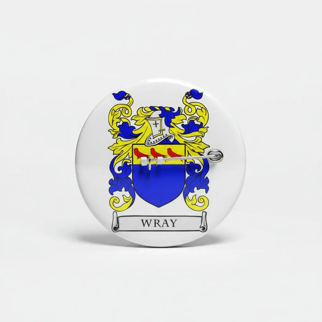 3-inch circular Wray family crest coat-of-arms magnet, blue and gold on white