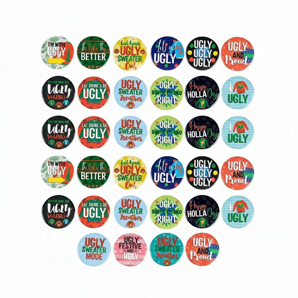 Set of 24 round pinback buttons with assorted colorful Ugly Christmas designs