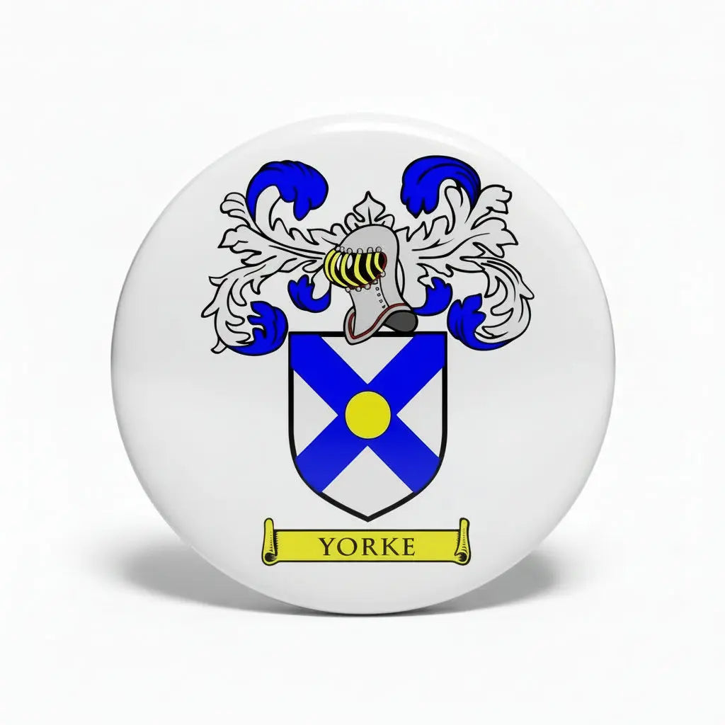 3-inch family crest coat-of-arms magnet: blue and white shield with YORKE banner.