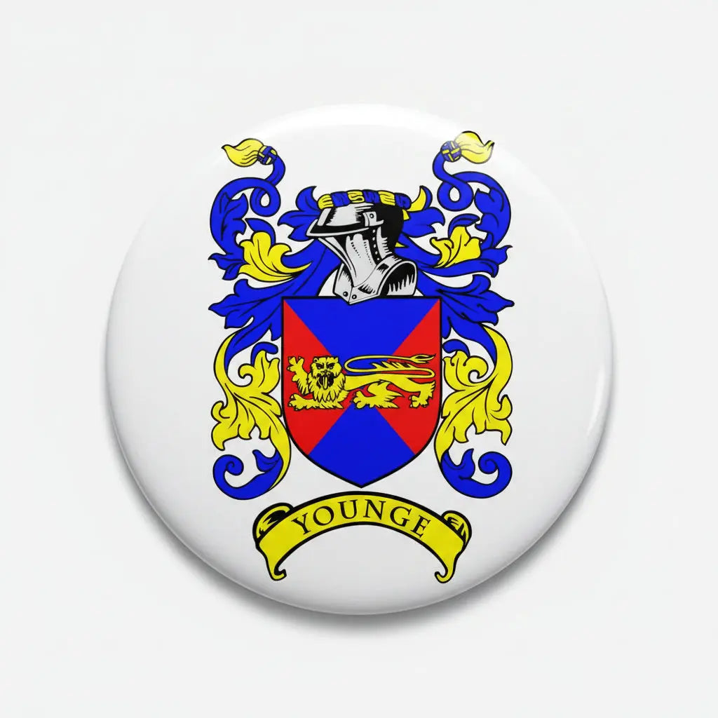 3-inch Younge family crest arms round magnet, blue and red shield emblem