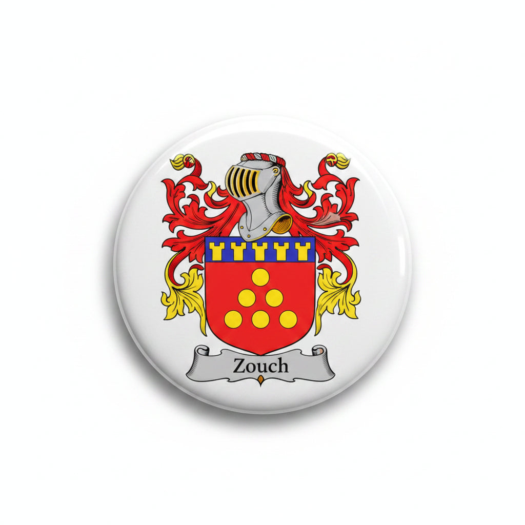 Family crest coat of arms magnet with red, gold, and shield design, 3-inch