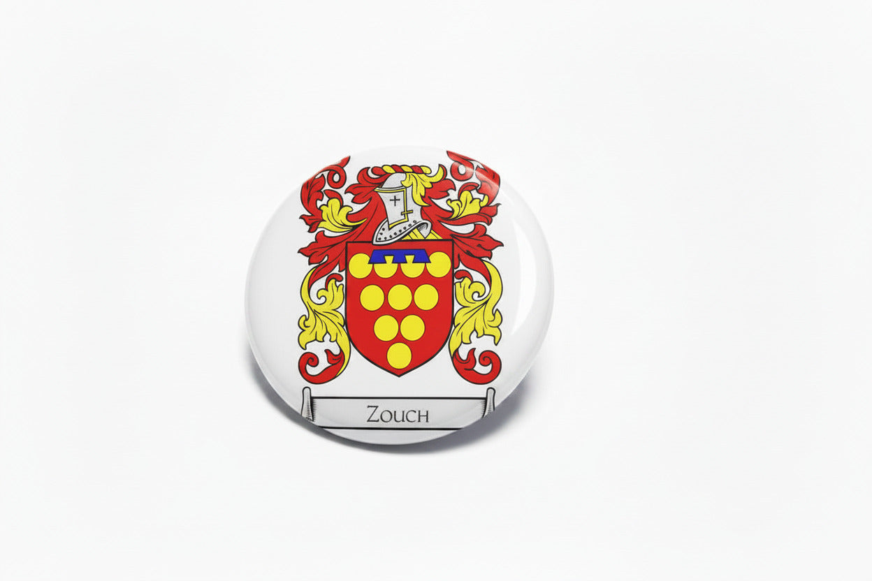 Family crest coat of arms magnet with red, gold, and shield design, 3-inch