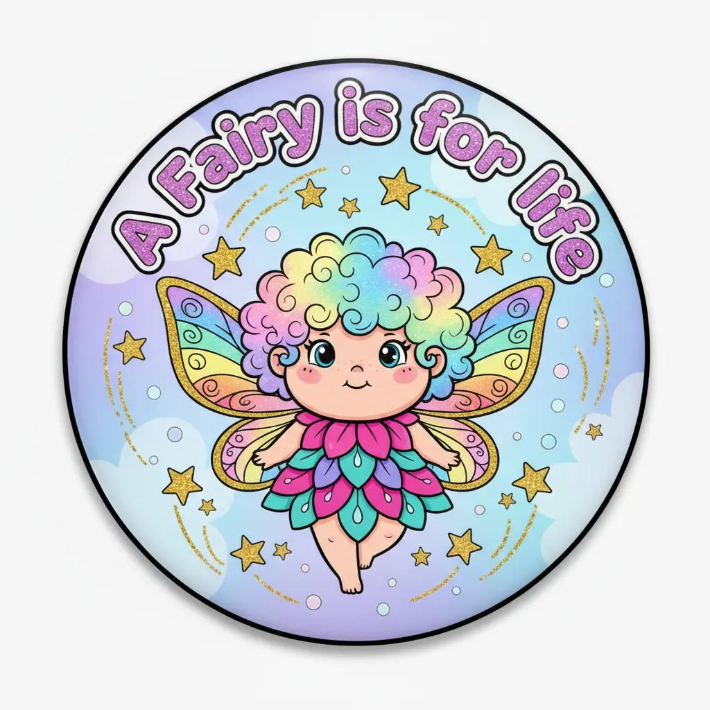 Round pinback button with colorful fairy graphic and text, purple rim