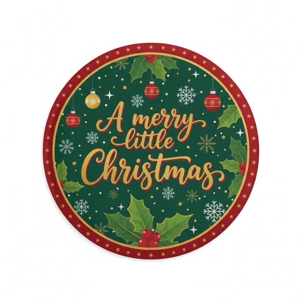 Round Christmas pinback button with green holly and 'A merry little Christmas' lettering