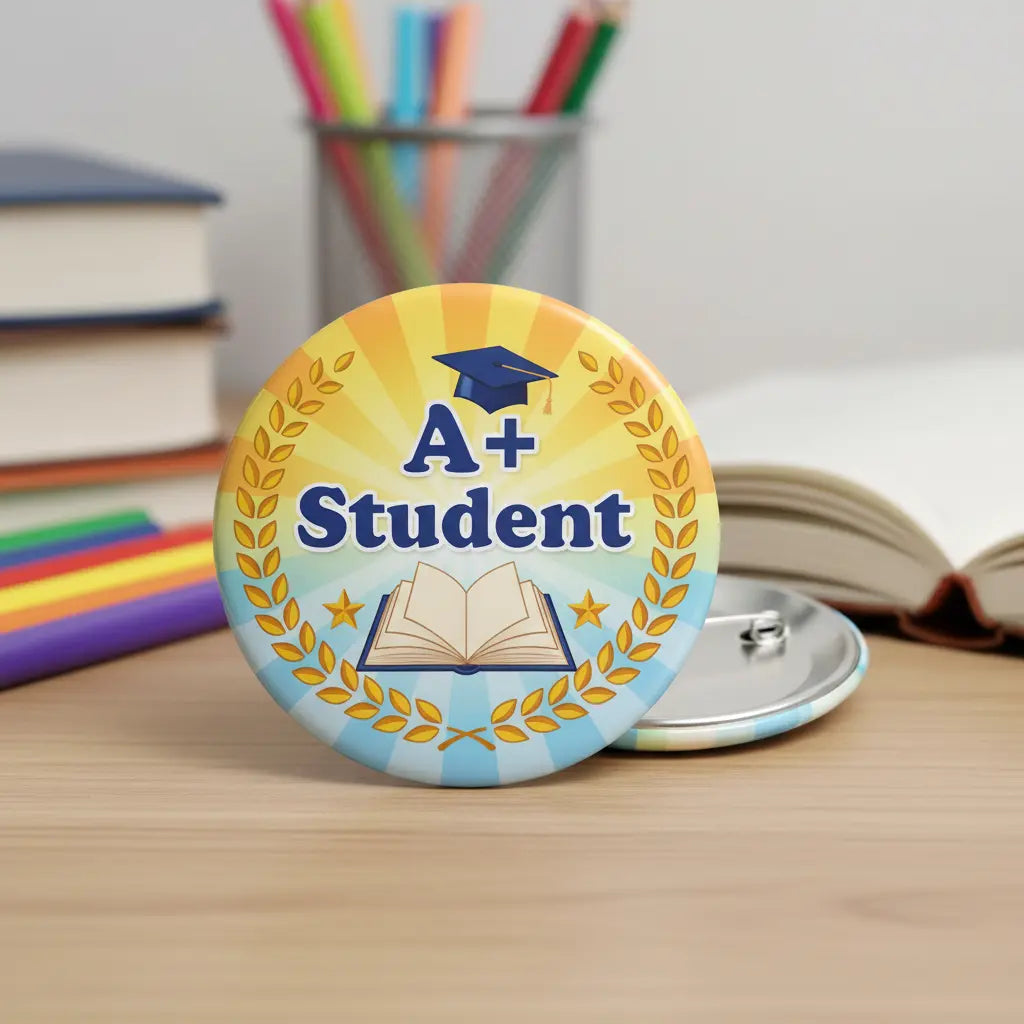 2.25-inch round student pinback button with A+ Student text, book and graduation cap