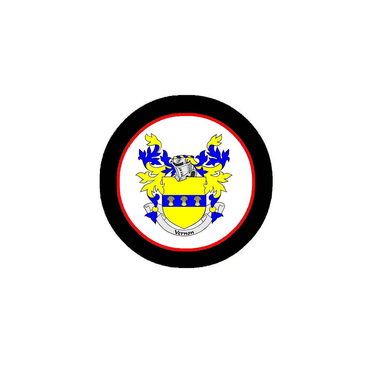 Round enamel family crest pinback badge with black border and blue-yellow coat of arms