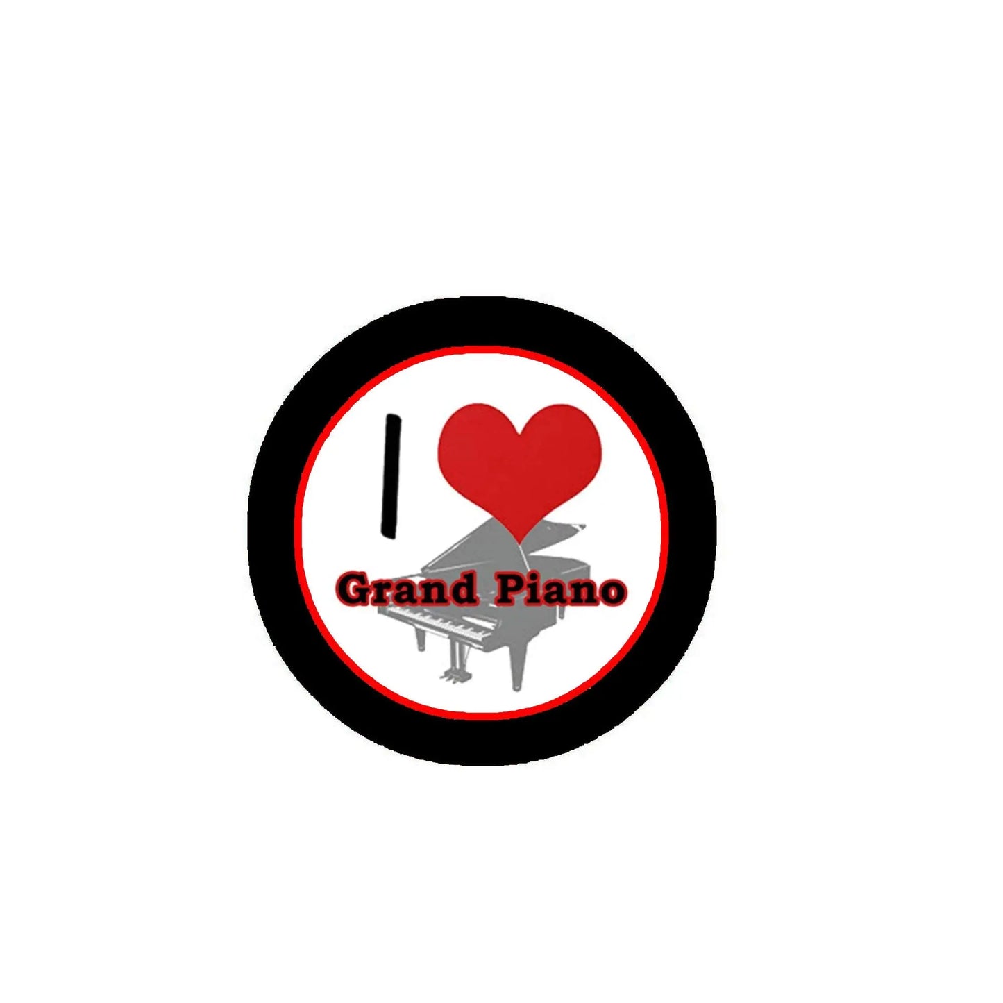 Round pinback button with black border, red heart, grand piano silhouette, and “Grand Piano” text