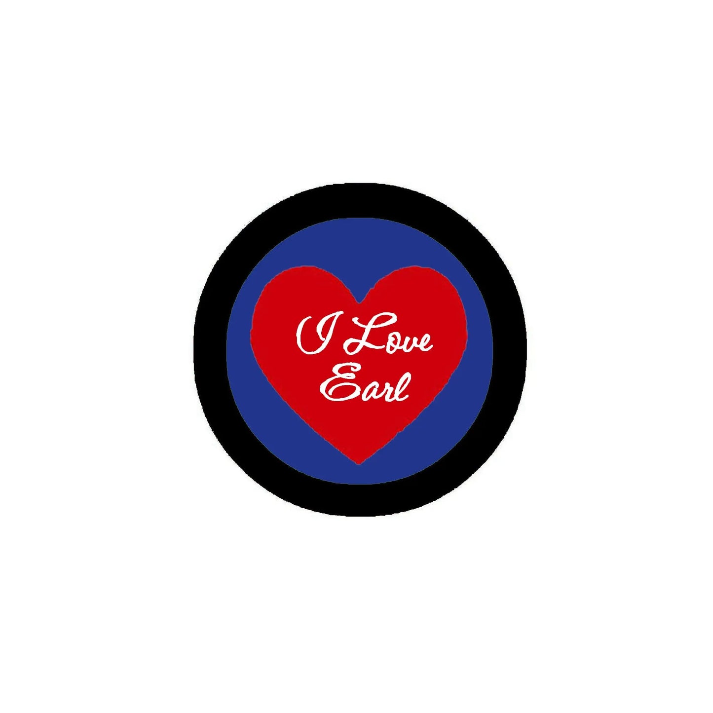 2.25-inch pinback button with black rim, blue center, red heart, "I Love Earl".