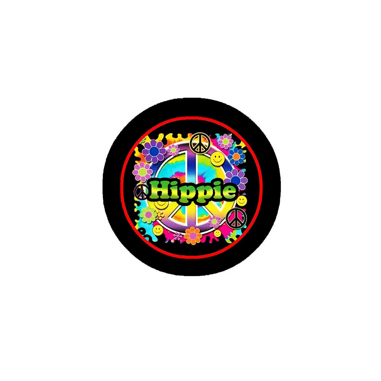 Colorful hippie pinback button, round black border with peace symbols and rainbow