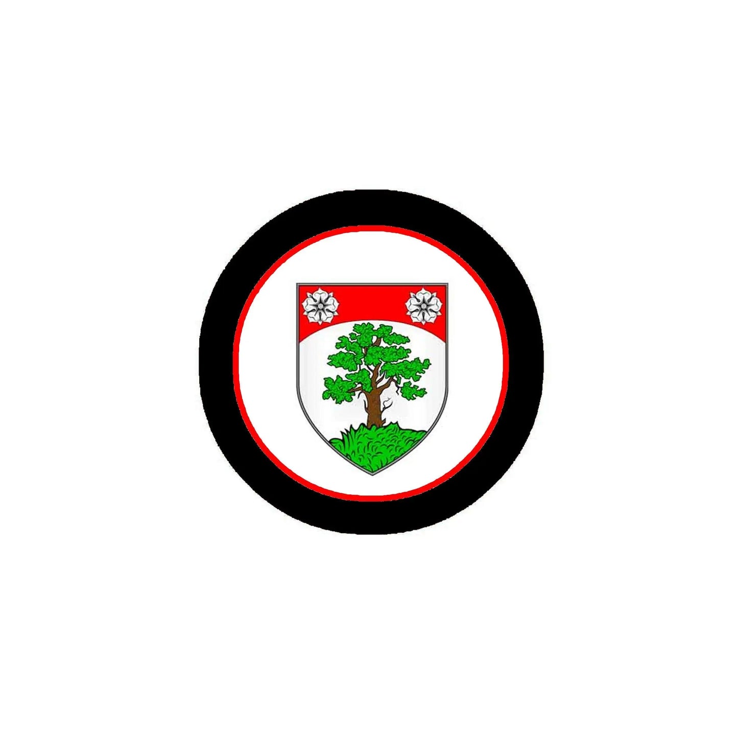 3-inch circular coat arms magnet with black border and red-white shield with tree