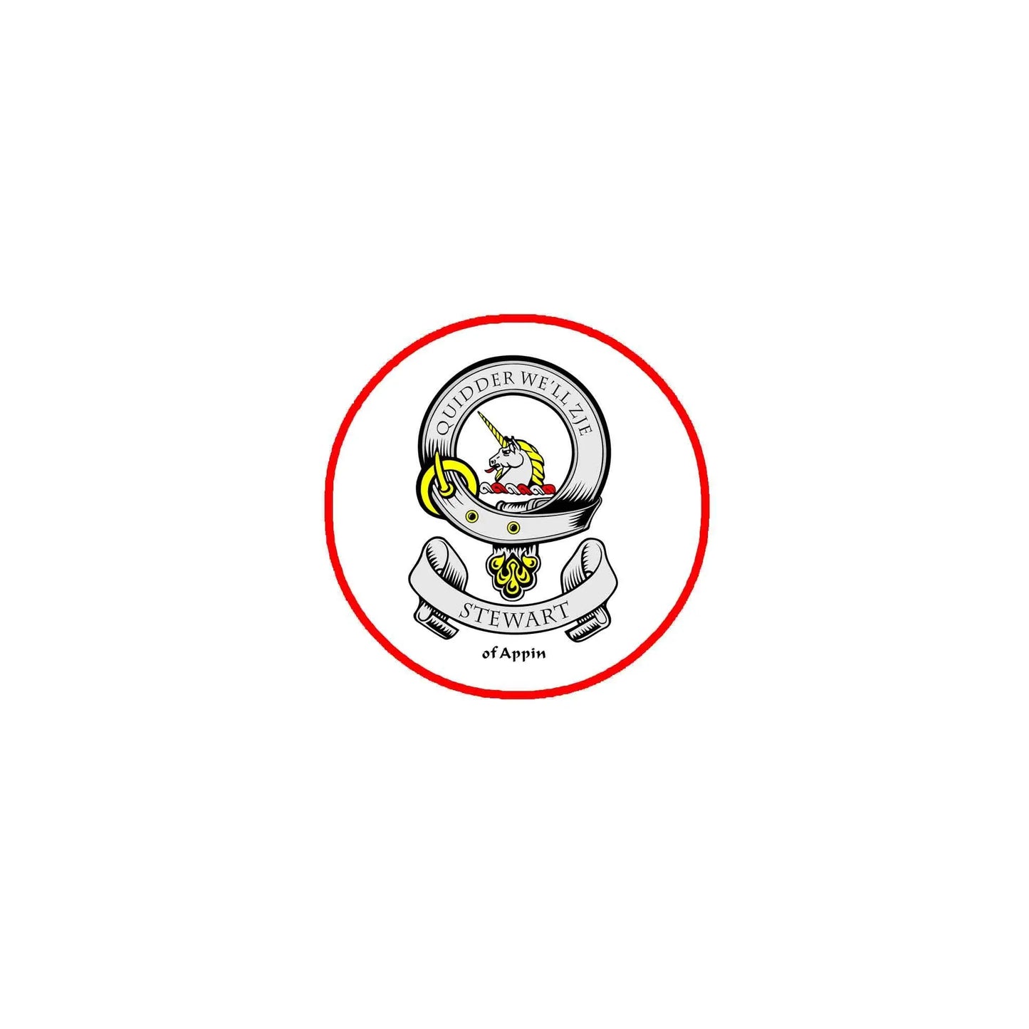 Round red-edged family crest magnet with shield, banner, and Stewart lettering