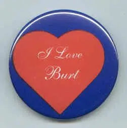 Round pinback button with blue border, red heart, and 'I Love Burt' text