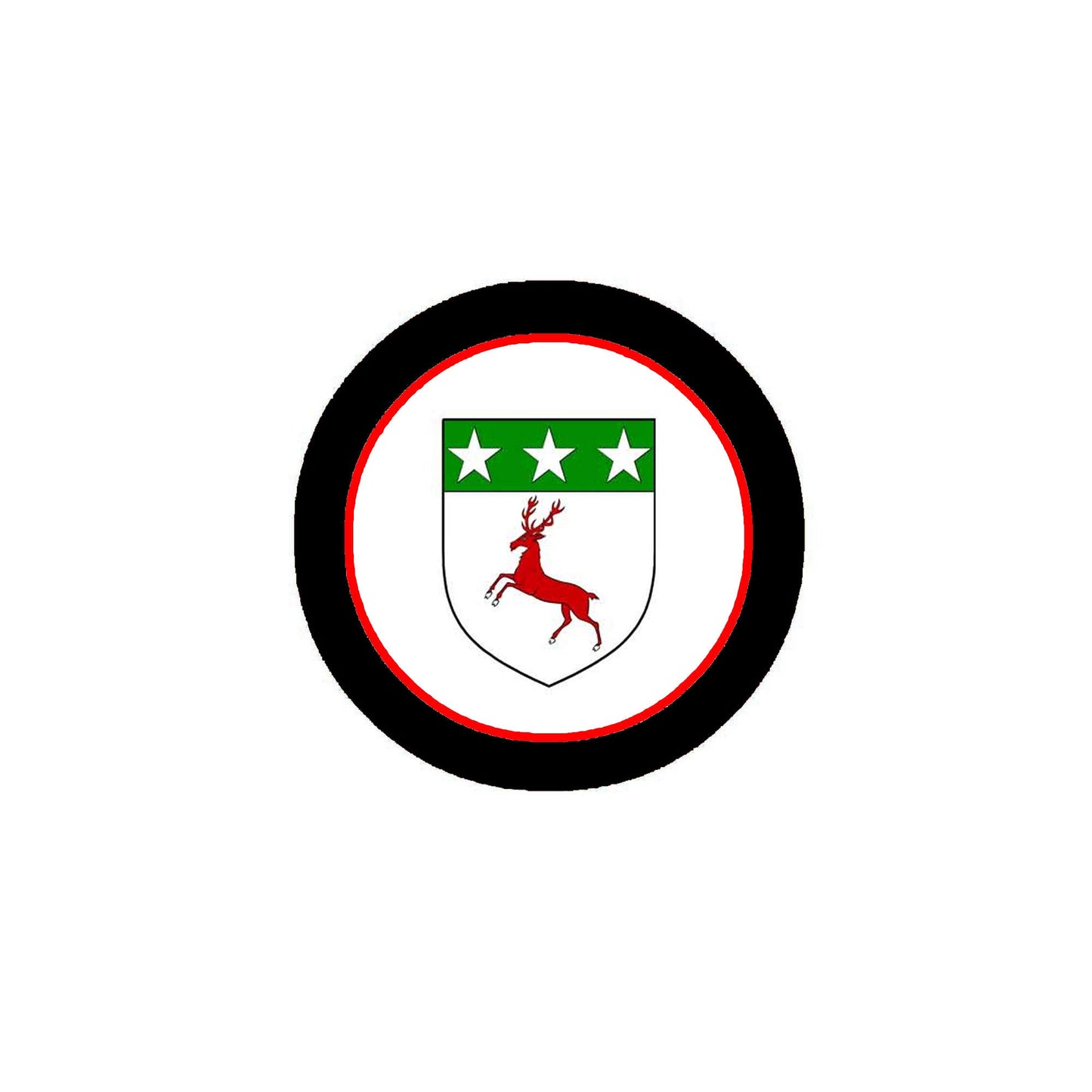 Circular coat-of-arms magnet with black edge, red deer shield and green stars