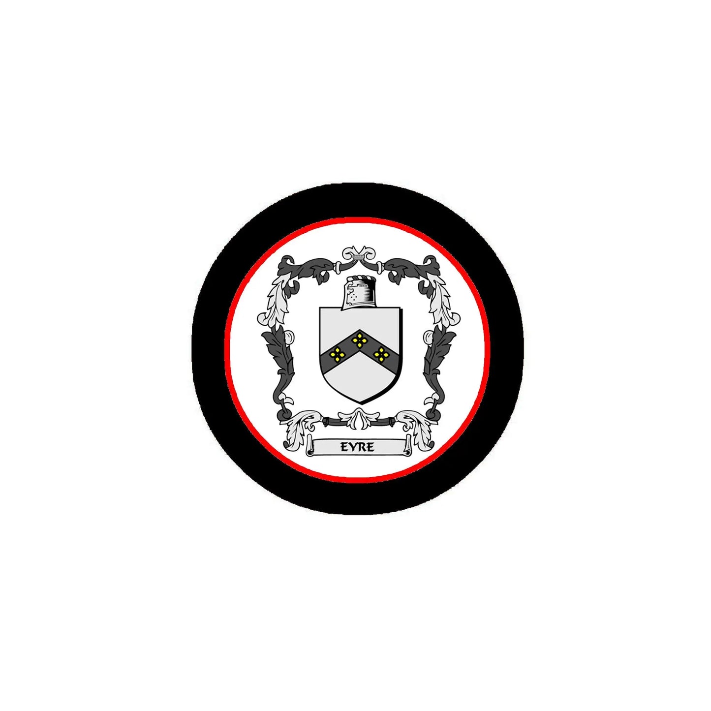 Round coat of arms pinback with black border, red ring, and detailed shield crest
