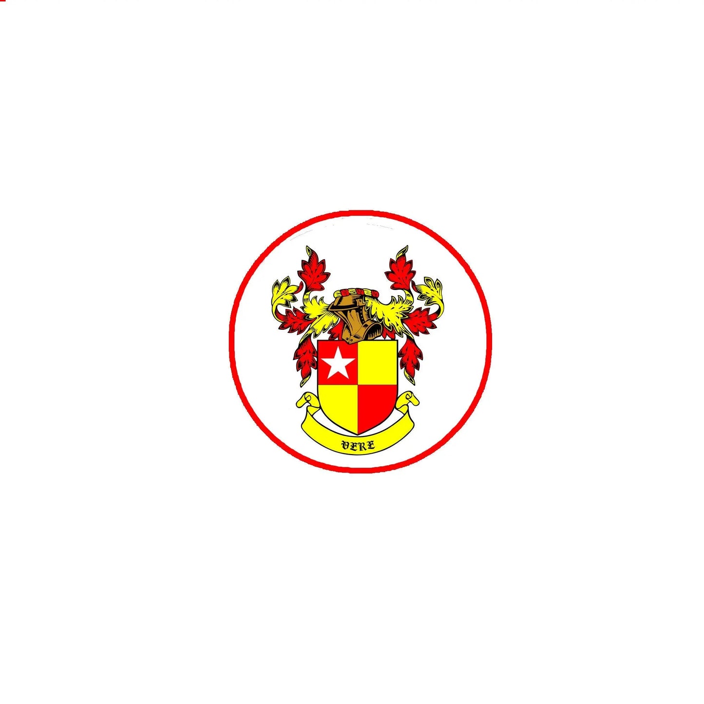 Round family crest pinback badge with red border and colorful shield coat of arms