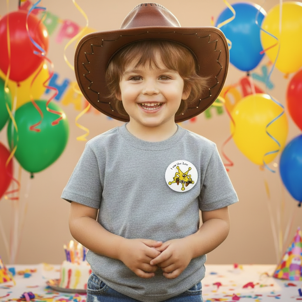 Round sheriff-themed pin on a grey kids T-shirt