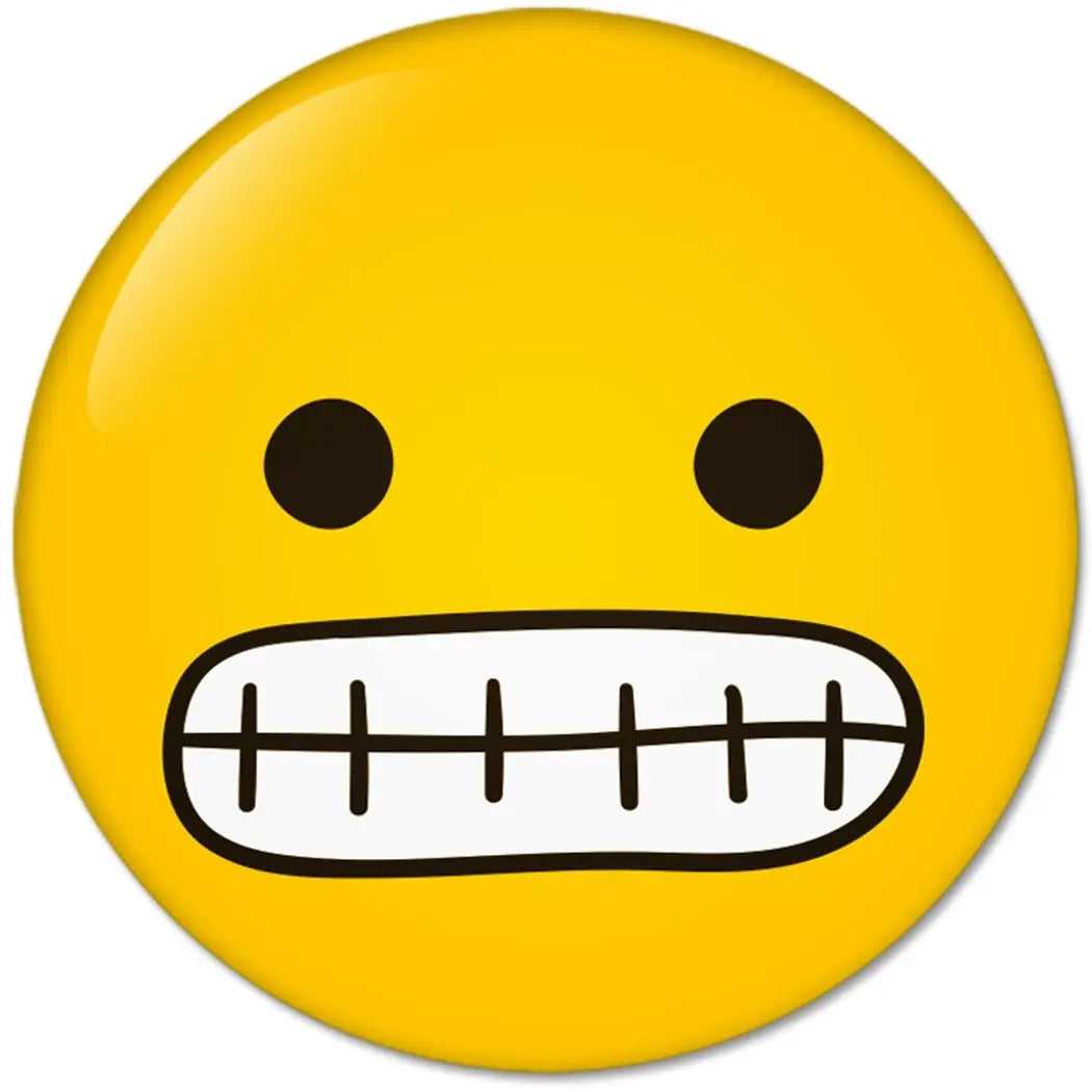 Yellow smiley face pinback button, 2.25 inch (58mm), black open-mouth design