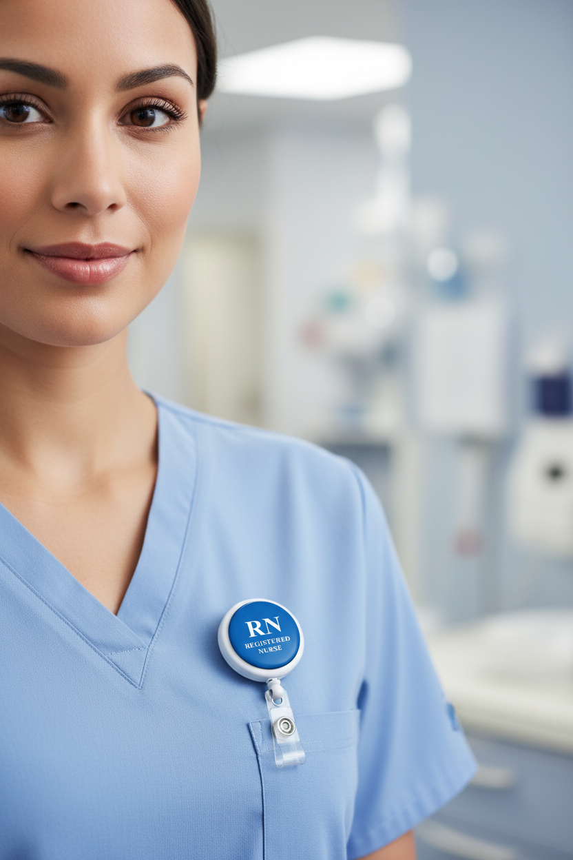 Retractable RN nurse badge reel clipped to light blue scrub top