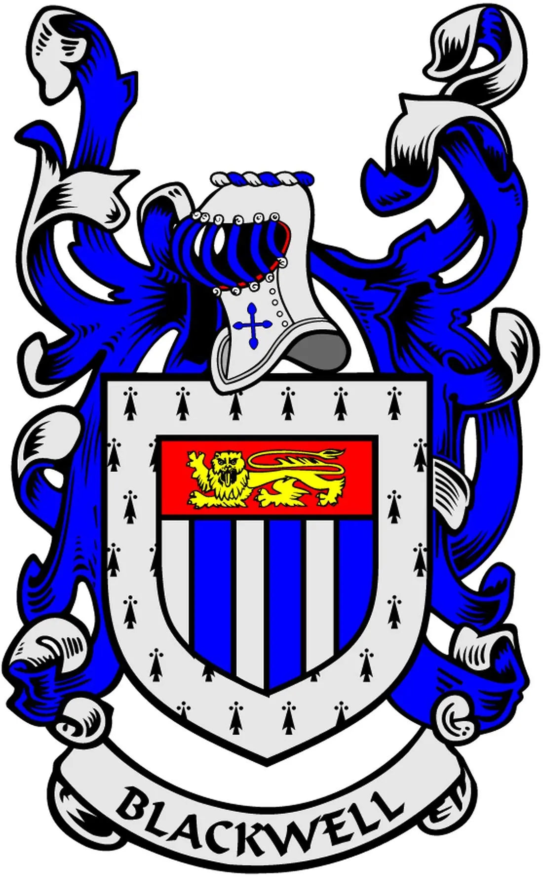 Blackwell family crest coat arms magnet with blue shield, red lion, and BLACKWELL banner