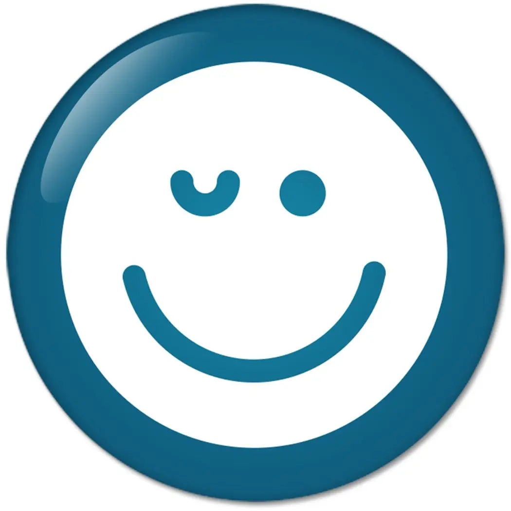 Teal and white smiley face pinback button with curved grin and dot eyes