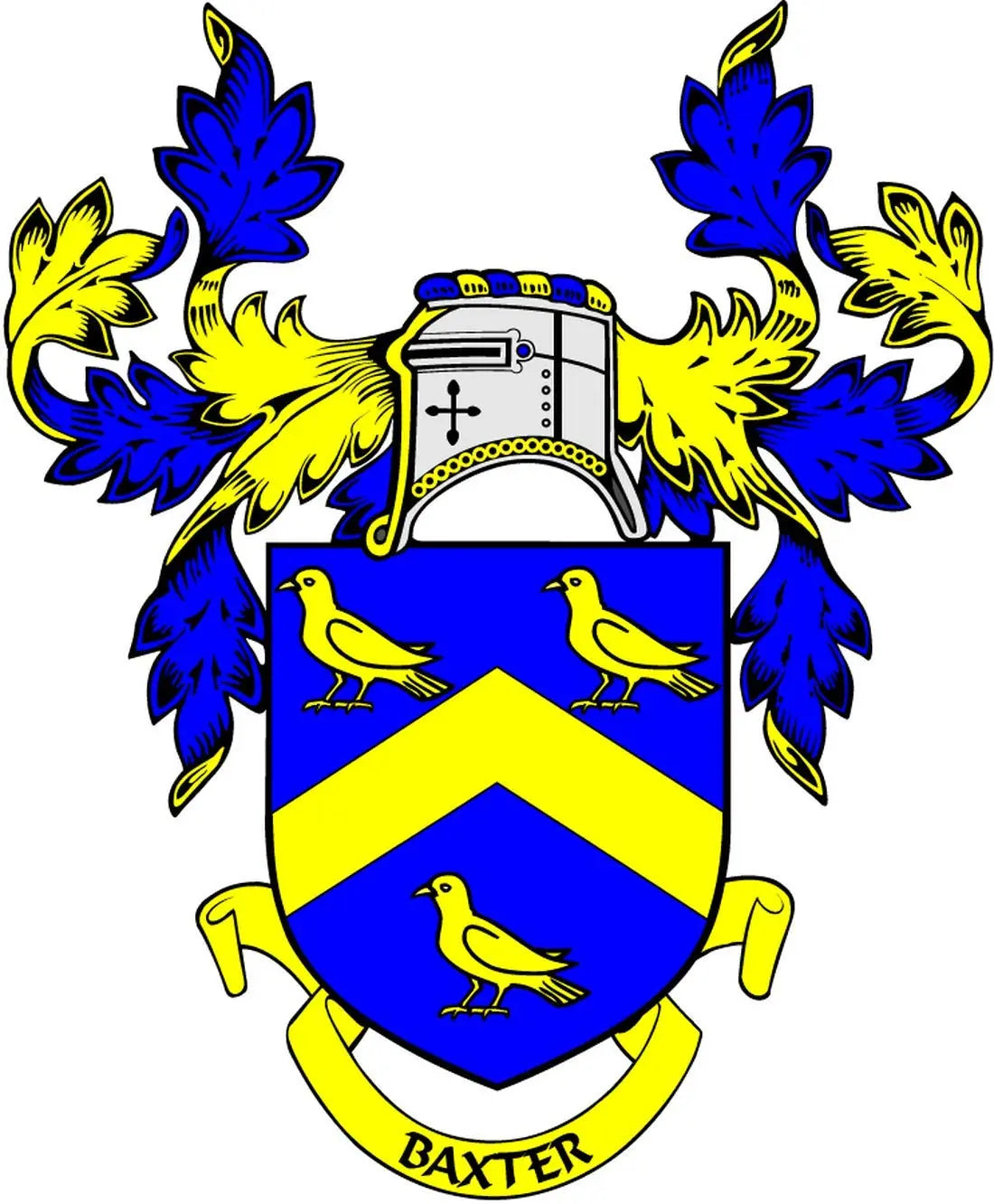 Coat of arms crest magnet with blue and yellow shield, birds, and 'BAXTER' ribbon
