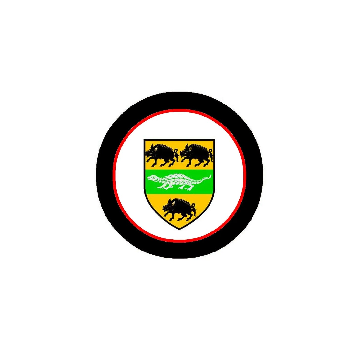 Round arms crest magnet with black rim, red ring, and shield with horse silhouettes