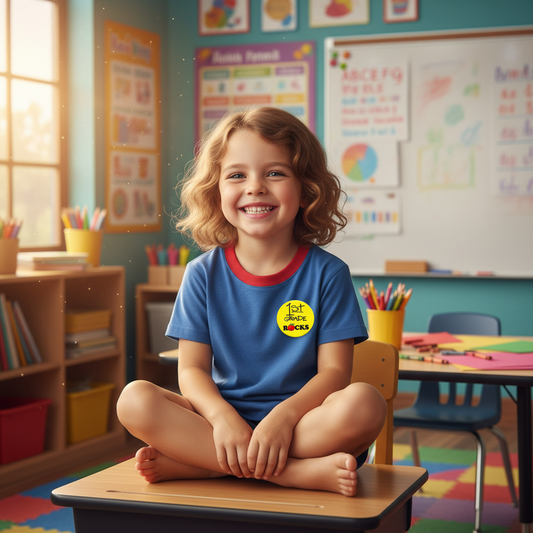 Pinback badge on a child’s blue school shirt, showing “1st GRADE ROCKS” with apple